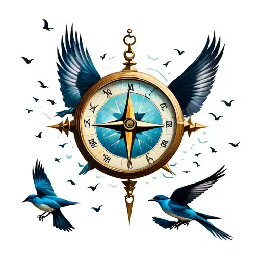 Compass Anchor Birds Flying Away Time Clock Realistic