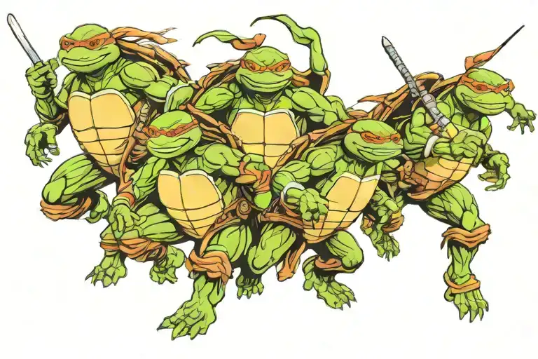 A Stylized Blackwork Tattoo Of All Four Teenage Mutant Ninja Turtle In A Dynamic Action Pose