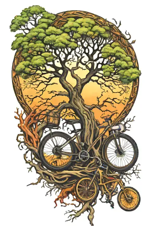Tree Of Life With Roots Exposted Full Colour With Golden Sky And Surrounded By A Mountain Bike Tire