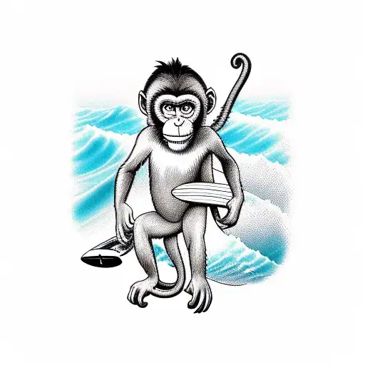 Monkey With Cap And Tow Baby Monkes On His Back On Surfboard Surroundet By Waves