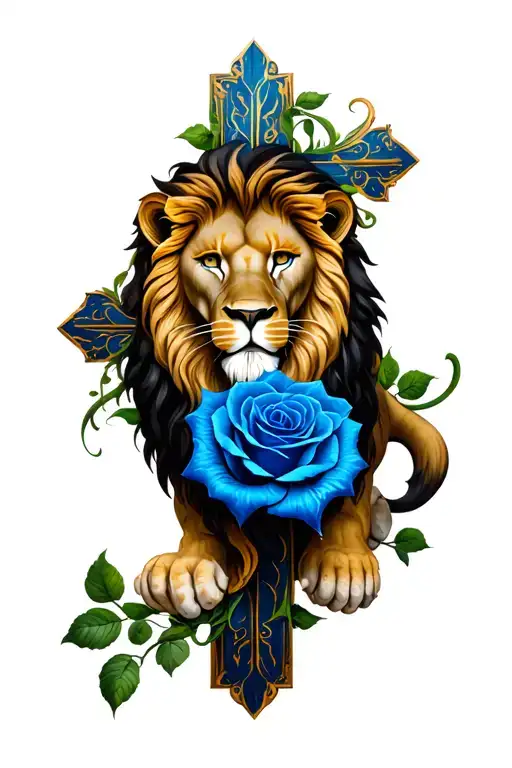 Lion In A Cross With A Blue Rose Intertwined