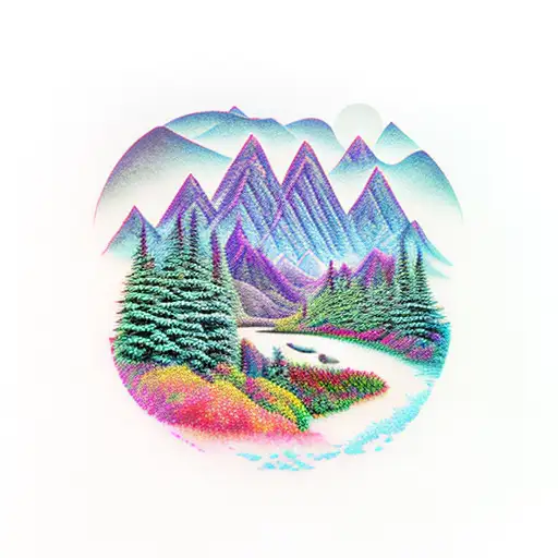 Mountains And River Through Forest