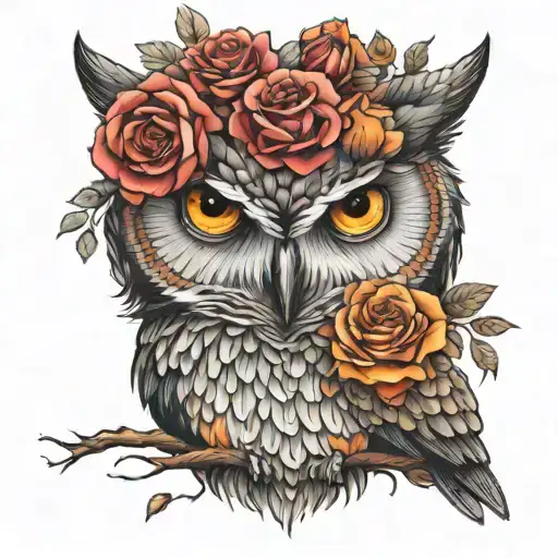 A Colorful Tattoo Of Owl Eyes That Blend In With Roses
