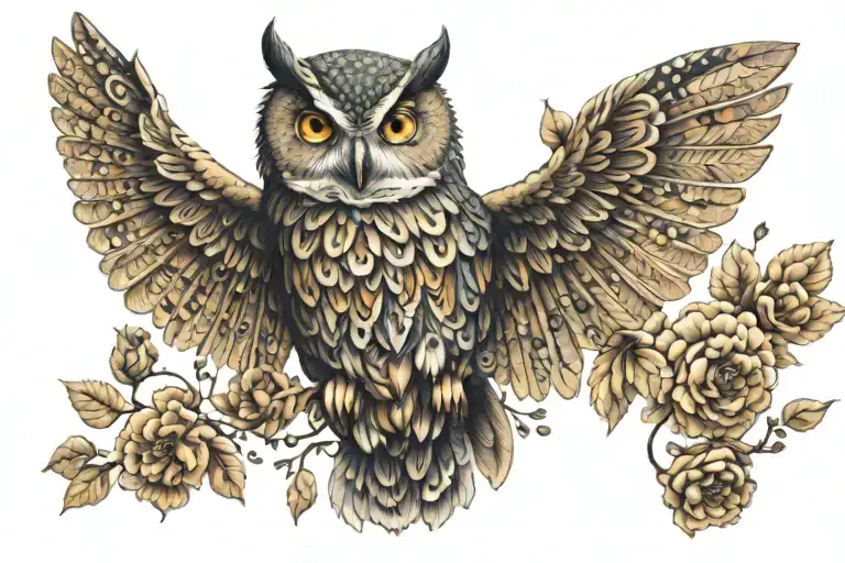 Owl With Patterns And Flowers Incorporated Within