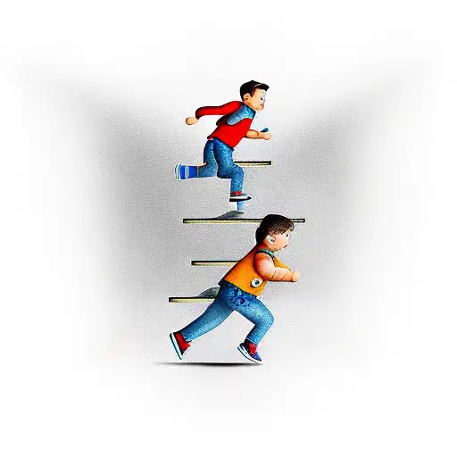Boy Running Up Stairs Towards A Clock