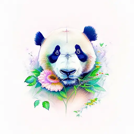 Realistic Panda Face With Flowers Surrounding