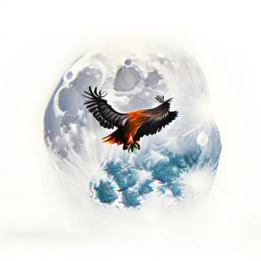 Phoenix Flying Up Towards Bright Shining Full Moon