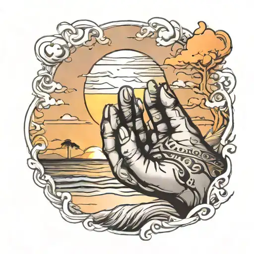 Feminine Hands Holding A Sunset At The Beach Like Water