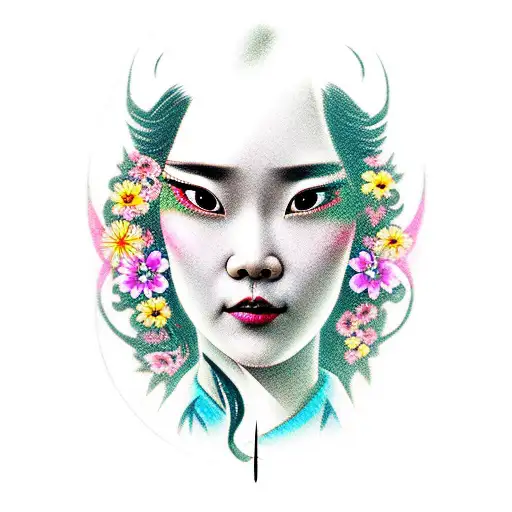 Mulan Face Tattoo With Sword And Flowers