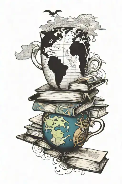 A Coffee Cup Morphing Into A Stack Of Books With A World Map In The Background