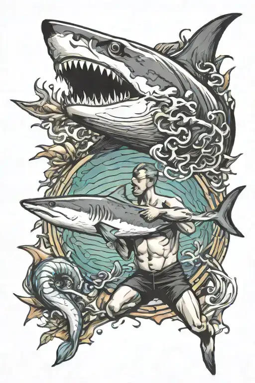 Swimmer With Shark Emerging