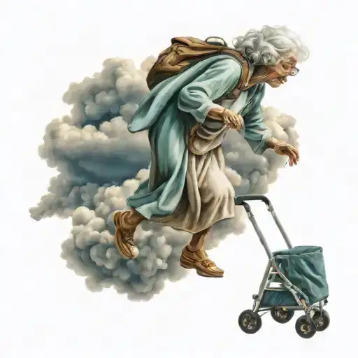 Elderly Woman With A Folding Walker Entering In The Heaven