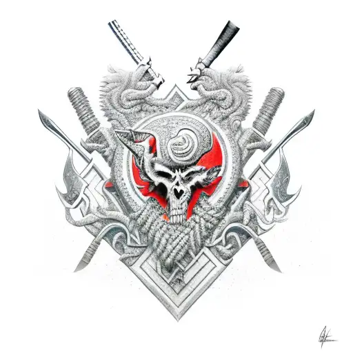 An Intricate Design Featuring A Powerful Axe Surrounded By Symbols Of Strength And Courage