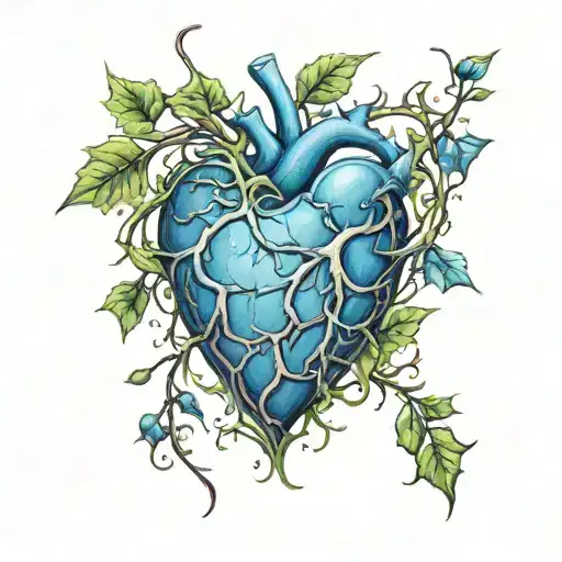 Blue Heart With Green Vine With Bloody Thorns Wrapped Tightly Around Heart