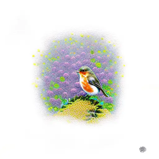 A Dotwork Design Of A New Zealand North Island Robin Surrounded By Heather Flowers And Sunflowers