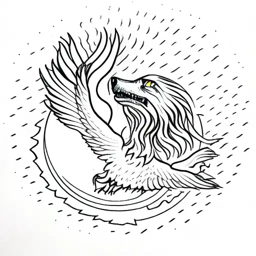 Dark Dog Howling Moon With A Phoenix Flying Towards The Sun