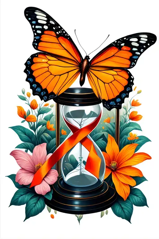 Orange Butterfly Flying Away From Empty Hourglass Containing Leukemia Awareness Ribbon