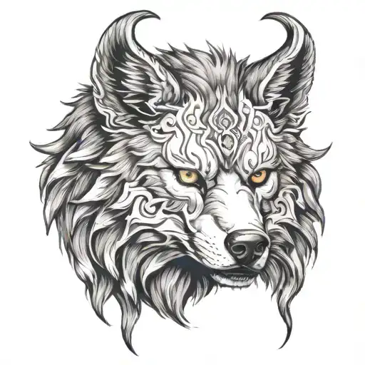Wolf With Horns That Wearing An Half Oni Mask With White Eye In Right