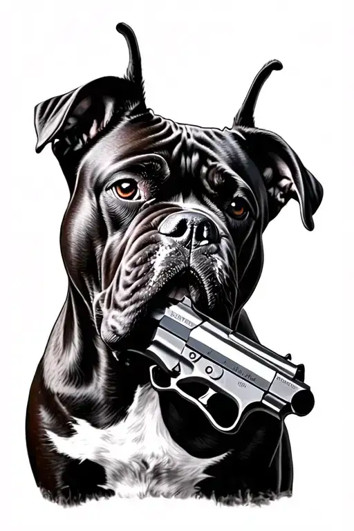 Cane Corso Dog With Gun In Mouth Black And White