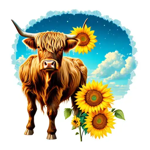 Highland Cow With Sunflowers And Bohemian Lace Sun Dream