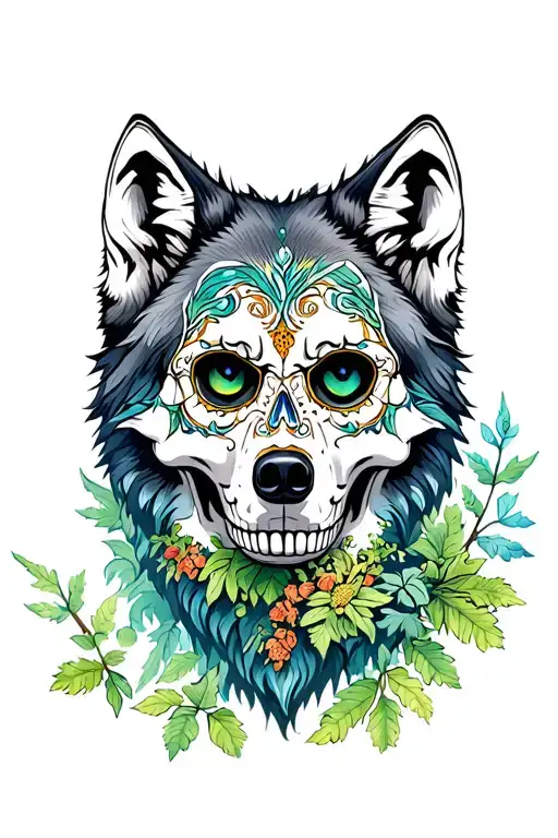 Wolf Sugar Skull In A Mossy Forest Scene