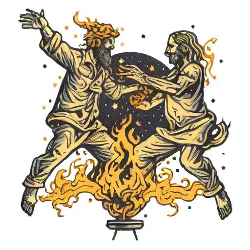 Two Figures Dancing Around A Fire Under The Starry Sky