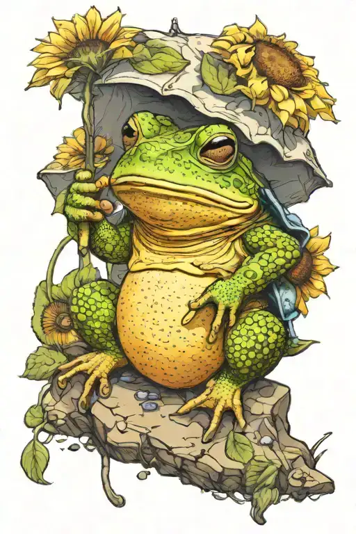 A Toad Sitting On A Rock Wearing A Hat And Overalls Holding A Sunflower By The Stem Like An Umbrella