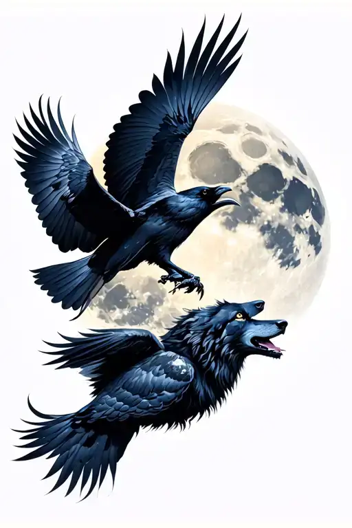 Raven Flying To The Moon And Wolf Howling At The Moon
