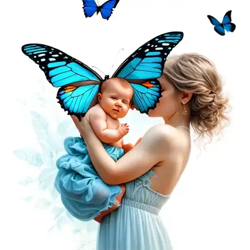 Mom Holding Baby With Butterflies Flying