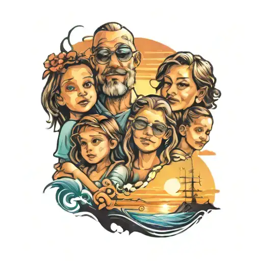 Sunset Family With 3 Children Beach