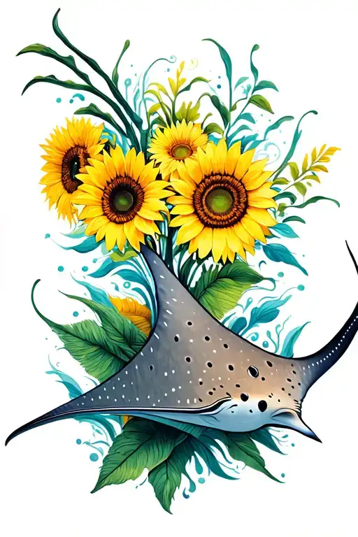 Spotted Eagle Ray Gracefully Swimming Filled With Tribal Sunflower