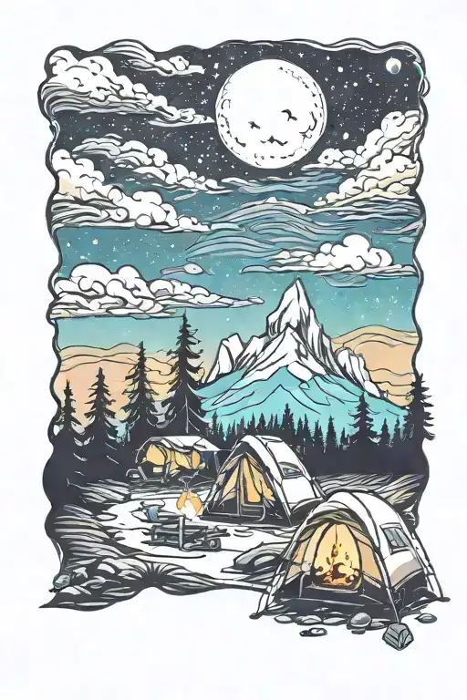 Black Silhuettes Of Camping Scene With Glowing Fire And Northern Lights In Sky