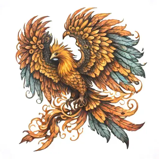 Spread Winged Battle Worn Phoenix Bird Tattoo