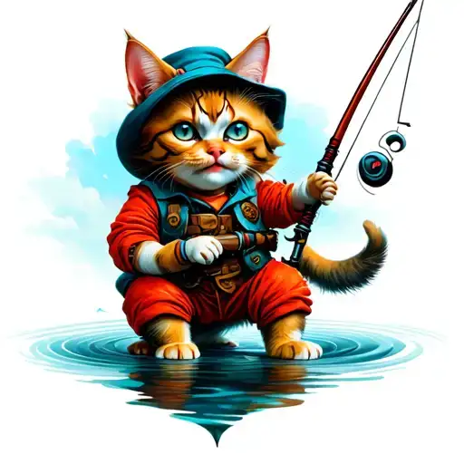 Cat With A Chucky Outfit Fishing