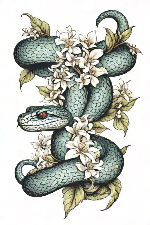 A Realistic Portrait Of A Snake Wrapped Through Flowers