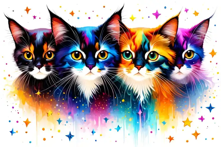 Abstract Vibrant Cute Colored Cats With Stars Scattered