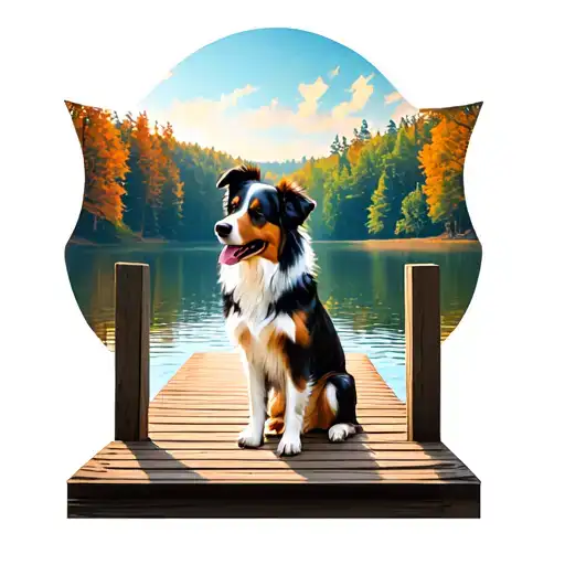 Australian Shepherd Dog Setting On A Pier Looking Out At A Lake In A Maple Leaf