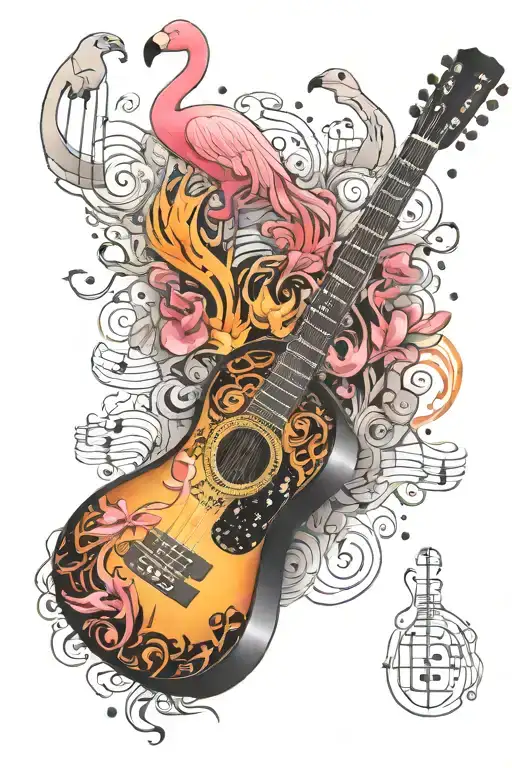 Acoustic Guitar Surrounded By Music Notes And Flamingos Flames And Smoke