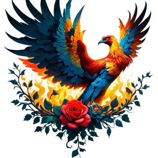 A Phoenix Rising From The Ashes With Vines And Roses