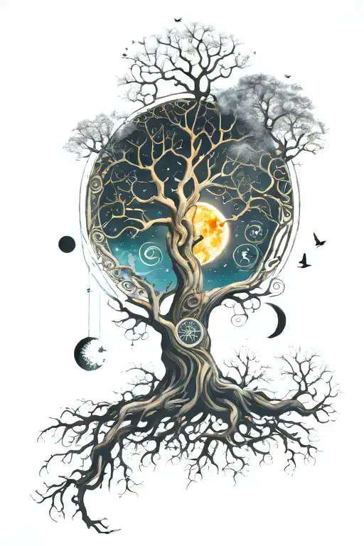 Tree Of Life With Trinity Symbol And Moon Phases