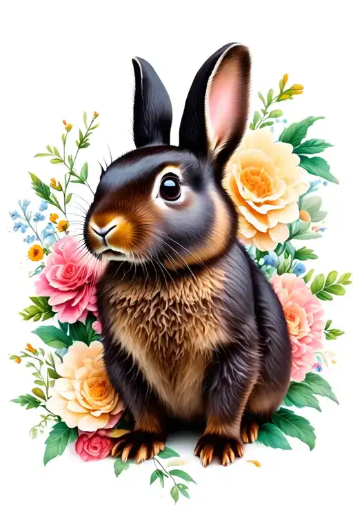 Black Otter Netherland Dwarf Rabbit Surrounded By Flowers