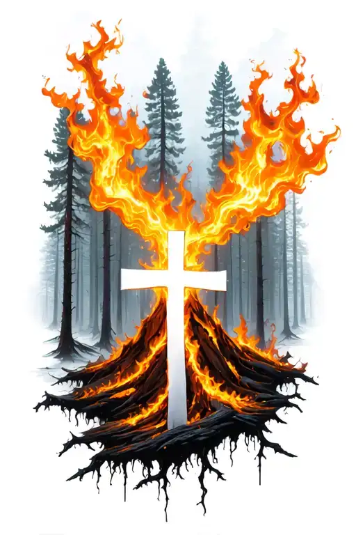 Burning Forest With White Cross In The Middle