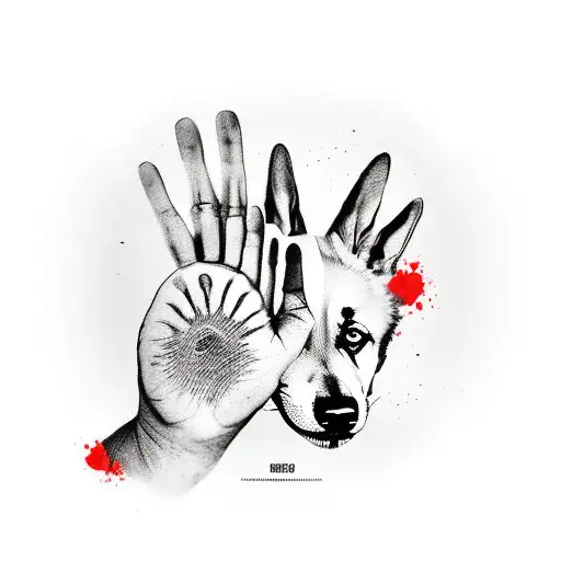 Red Human Hand With Dog Print Inside With Face Of German Shepherd As Part Of The Paw