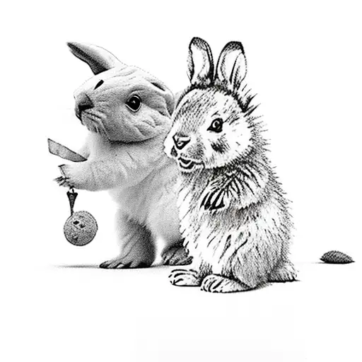 Small Bear Cub Being Chased By A Small Bunny Rabbit In A Playing Manner