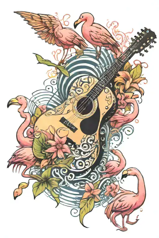 Flaming Acoustic Guitar Surrounded By Music Notes And Flamingos