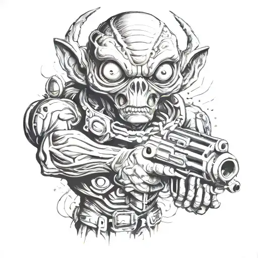 Muscular Alien With Three Big Eyes Holding A Gun