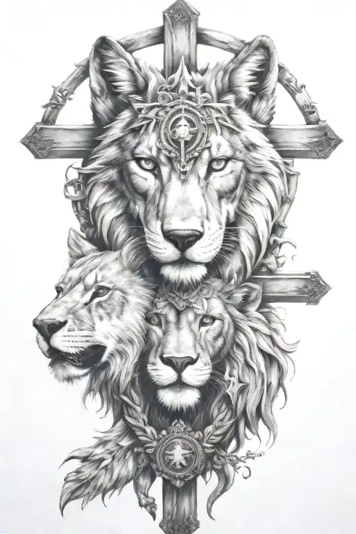 Wolf And Lion Face And Crucifix Intertwined