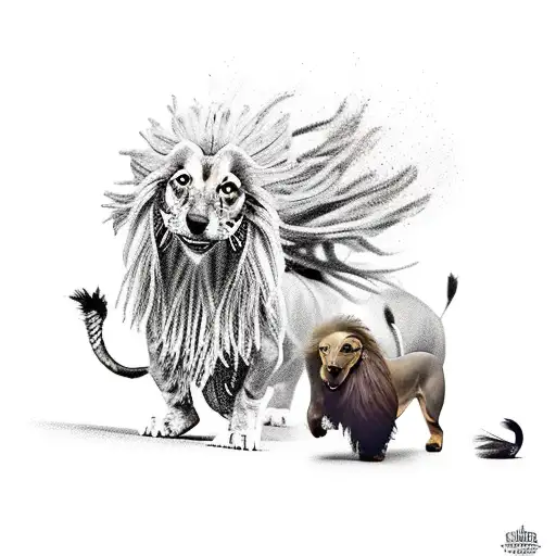 Wire Haired Dachshund Riding A Lion Into Epic Battle Against An Army Of Humanoid Feathers