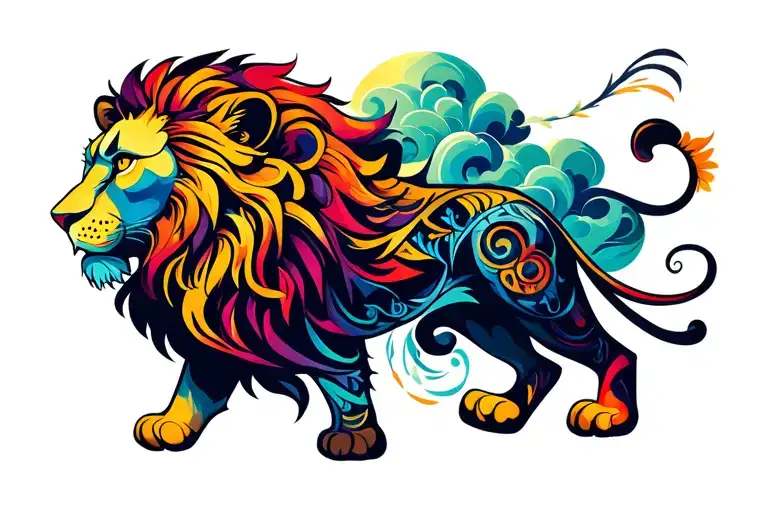 Tribal Lion With Clouds And Shading Incorporating Elements
