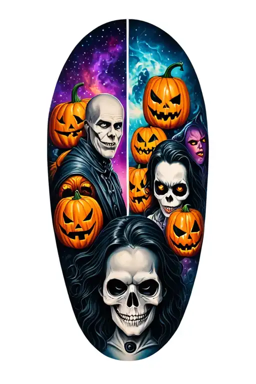 Halloween Themed Half Sleeve Tattoo Featuring Iconic Characters With Galaxy Background